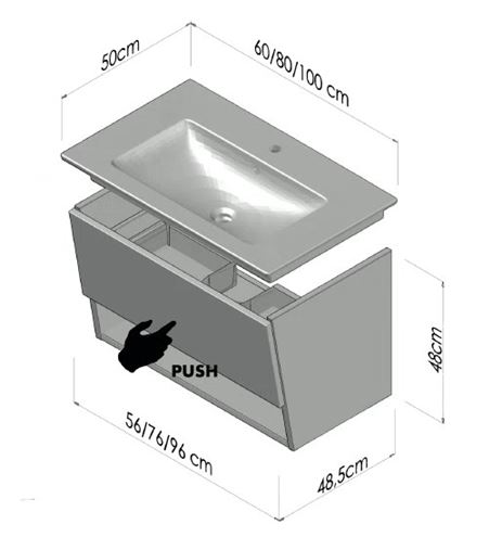 CONCEPT 400 skrinka pod umývadlo 96x48, 5x48 cm, 1 zásuvka, 1 polica, Push-open, lesklá biela C400.100.B Technický nákres