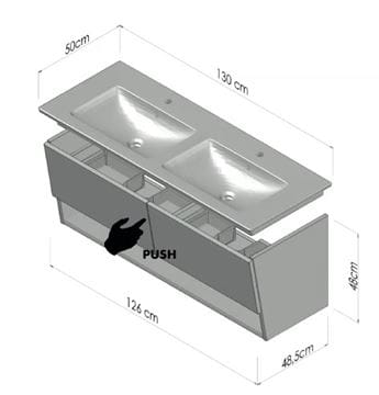 CONCEPT 400 skrinka pod dvojumývadlo 126x48,5x48 cm, 2 zásuvky, 1 polica, Push-open, lesklá biela C400.130.B Technický nákres