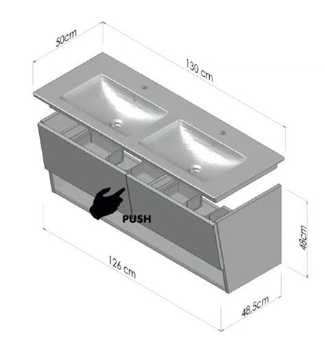CONCEPT 400 skrinka pod dvojumývadlo 126x48,5x48 cm, 2 zásuvky, 1 polica, Push-open, lesklá biela C400.130.B Technický nákres