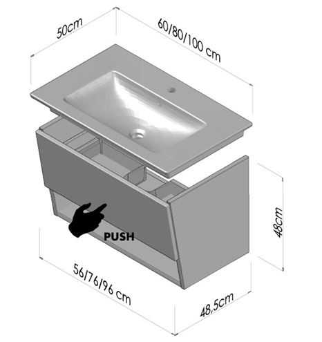 CONCEPT 400 skrinka pod umývadlo 56x48, 5x48 cm, 1 zásuvka, 1 polica, Push-open, lesklá biela C400.60.B Technický nákres