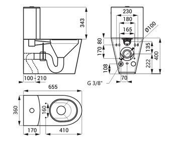 SANELA WC kombi, vario odpad, nerez mat SLWN 15 Technický nákres