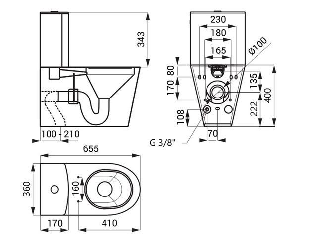SANELA WC kombi, vario odpad, nerez mat SLWN 15 Technický nákres