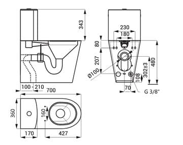 SANELA WC bezbariérové WC kombi, vario odpad, nerez SLWN 16 Technický nákres