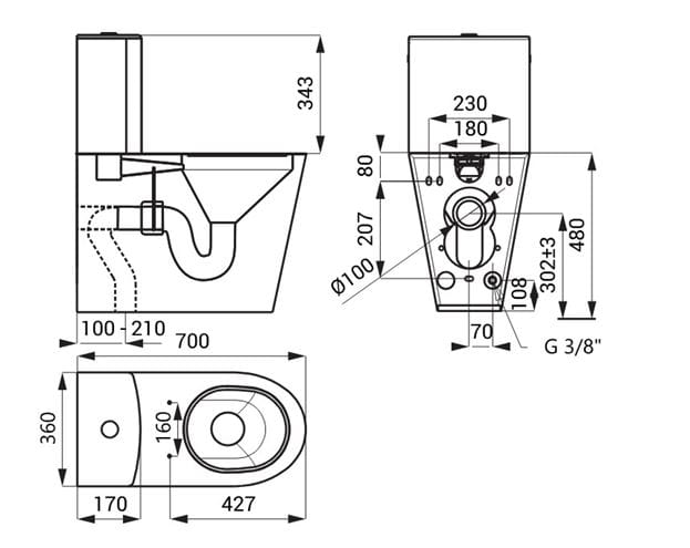 SANELA WC bezbariérové WC kombi, vario odpad, nerez SLWN 16 Technický nákres