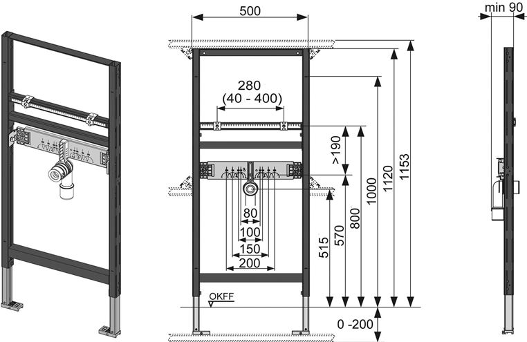 TECE PROFIL montážny rám pre umývadlo 112 cm 9310000 Technický nákres