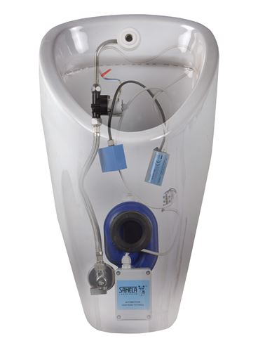 SANELA pisoár Golem s automatickým splachovačom, napájanie z batérie, zadný prívod vody, Bluetooth ovládanie SLP 19RB Obrázek - fotka