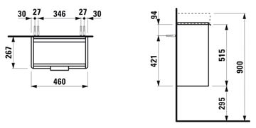 LAUFEN BASE skrinka pod umývadlo 46x26,7x51,5 cm, 1 dvierka, pánty vpravo, lesklá biela H4021021102611 Technický nákres