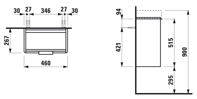 LAUFEN BASE skrinka pod umývadlo 46x26,7x51,5 cm, 1 dvierka, pánty vpravo, lesklá biela H4021021102611 Technický nákres