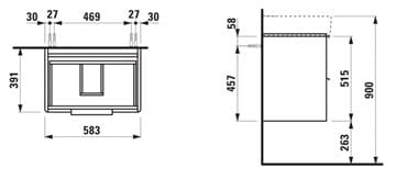 LAUFEN BASE skrinka pod umývadlo 58,5x39x51,5 cm, 2 zásuvky, matná biela H4022521102601 Technický nákres