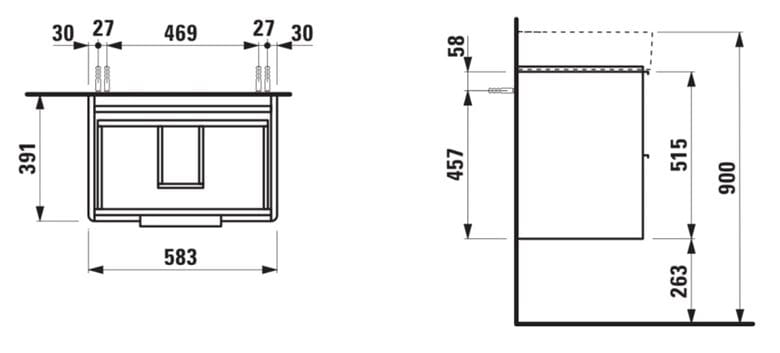 LAUFEN BASE skrinka pod umývadlo 58,5x39x51,5 cm, 2 zásuvky, matná biela H4022521102601 Technický nákres