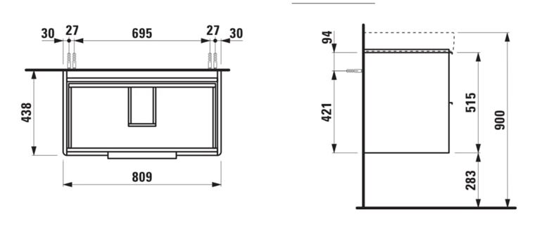 LAUFEN BASE skrinka pod umývadlo 80,9x43,8x51,5 cm, 2 zásuvky, lesklá biela H4023921102611 Technický nákres