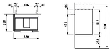 LAUFEN BASE skrinka pod umývadlo 52x35, 8x51, 5 cm, 2 zásuvky, lesklá biela H4021521102611 Technický nákres