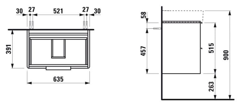 LAUFEN BASE skrinka pod umývadlo 63,5x39,1x51,5 cm, 2 zásuvky, matná biela H4023121102601 Technický nákres