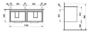 LAUFEN BASE skrinka pod dvojumývadlo 115,9x43,8x51,5 cm, 4 zásuvky, lesklá biela H4024941102611 Technický nákres