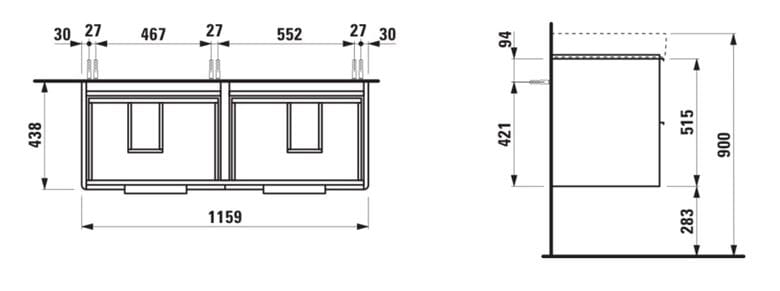 LAUFEN BASE skrinka pod dvojumývadlo 115,9x43,8x51,5 cm, 4 zásuvky, lesklá biela H4024941102611 Technický nákres