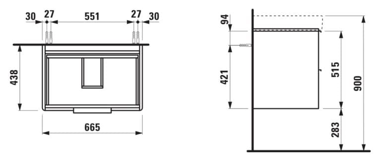 LAUFEN BASE skrinka pod umývadlo 66,5x43,8x53,1 cm, 2 zásuvky, lesklá biela H4023321102611 Technický nákres