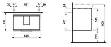LAUFEN BASE skrinka pod umývadlo 66,5x43,8x53,1 cm, 2 zásuvky, lesklá biela H4023321102611 Technický nákres