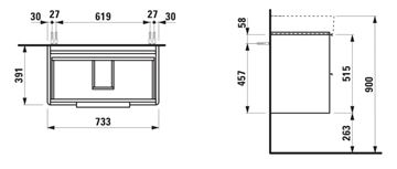 LAUFEN BASE skrinka pod umývadlo 73,3x39,1x51,5 cm, 2 zásuvky, lesklá biela H4023521102611 Technický nákres