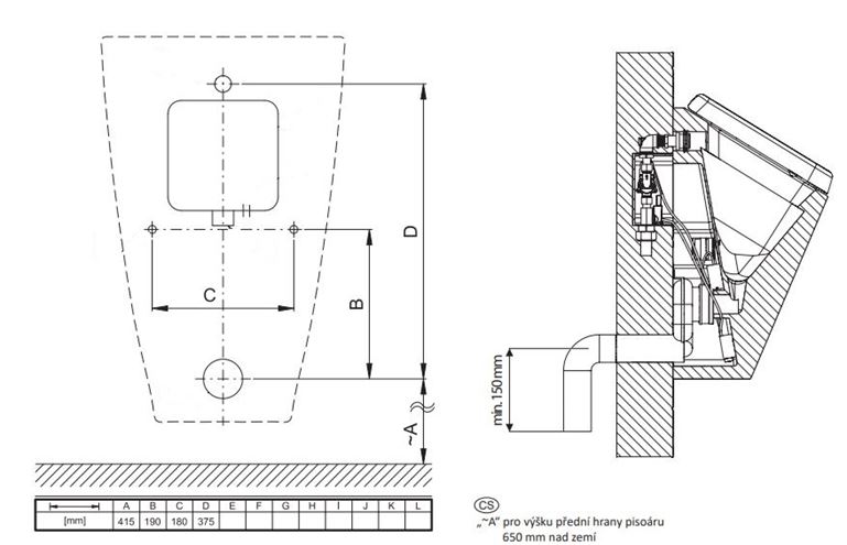 SANELA pisoár Vila s radarovým splachovačom, napájanie zo siete, zadný prívod vody, Bluetooth ovládanie SLP 37R Technický nákres