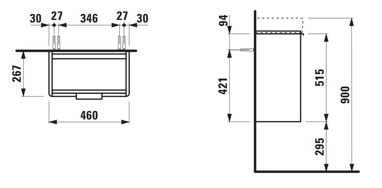 LAUFEN BASE skrinka pod umývadlo 46x26,7x51,5 cm, 1 dvierka, pánty vľavo, lesklá biela H4021011102611 Technický nákres