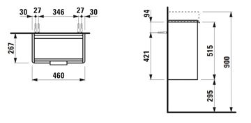 LAUFEN BASE skrinka pod umývadlo 46x26,7x51,5 cm, 1 dvierka, pánty vľavo, lesklá biela H4021011102611 Technický nákres