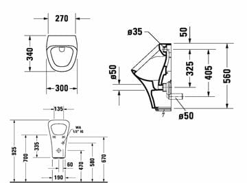 DURAVIT DURASTYLE pisoár s automatickým splachovačom, napájanie z batérie, zadný prívod vody 2804310000 Technický nákres