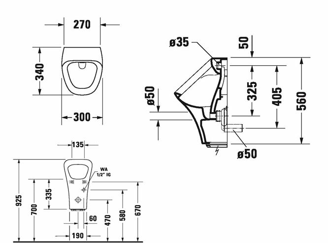 DURAVIT DURASTYLE pisoár s automatickým splachovačom, napájanie z batérie, zadný prívod vody 2804310000 Technický nákres