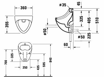 DURAVIT BILL pisoár, zadný prívod vody 0851350000 Technický nákres