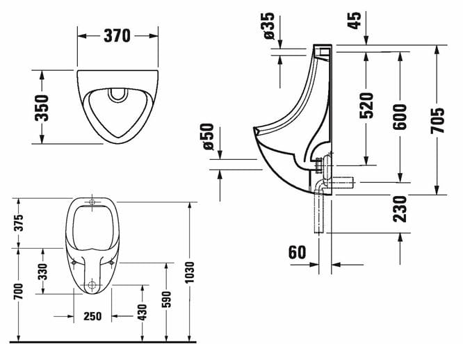 DURAVIT BEN pisoár, zadný prívod vody 0847370000 Technický nákres