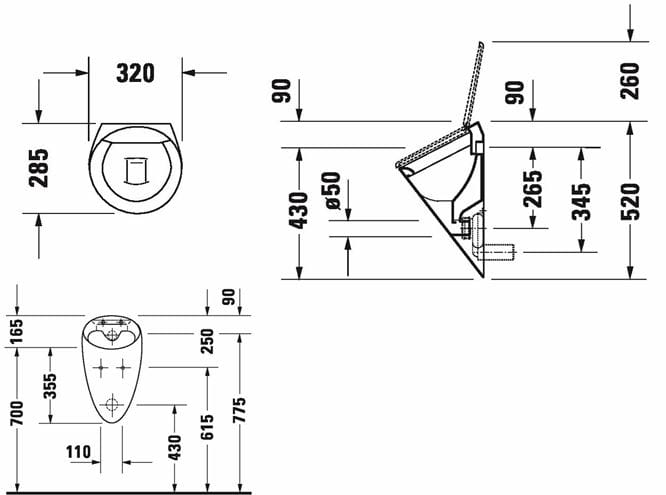 DURAVIT STARCK 1 pisoár, zadný prívod vody 0835320000 Technický nákres