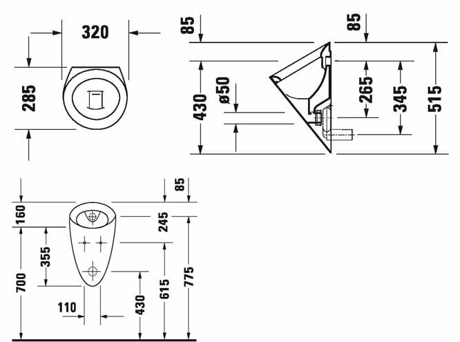 DURAVIT STARCK 1 pisoár, zadný prívod vody 0834320000 Technický nákres
