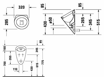 DURAVIT STARCK 1 pisoár, zadný prívod vody 0834320000 Technický nákres