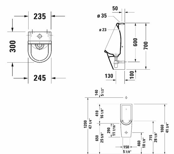 DURAVIT STARCK 3 pisoár, zadný prívod vody, Rimless splachovanie 0826250000 Technický nákres
