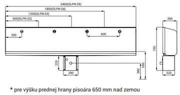 SANELA pisoárový žľab s automatickým splachovačom, napájanie zo siete, zadný prívod vody, nerez SLPN 03E Technický nákres
