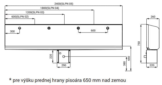 SANELA pisoárový žľab s automatickým splachovačom, napájanie zo siete, zadný prívod vody, nerez SLPN 03E Technický nákres