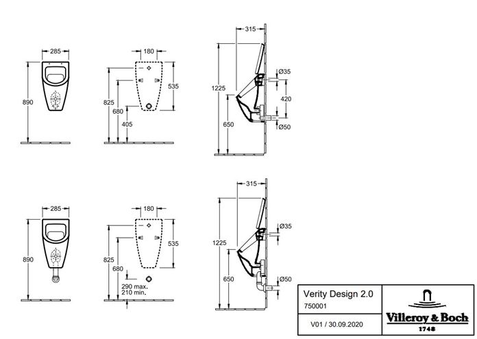 VILLEROY & BOCH VERITY DESIGN 2.0 pisoár, zadný prívod vody, alpská biela 75000101 Technický nákres