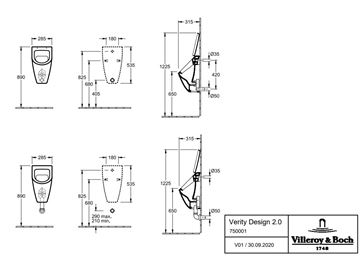 VILLEROY & BOCH VERITY DESIGN 2.0 pisoár, zadný prívod vody, alpská biela 75000101 Technický nákres