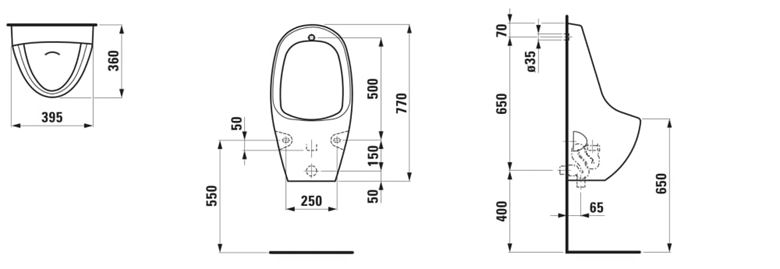 LAUFEN TAMARO pisoár, zadný prívod vody, Rimless H8400900000001 Technický nákres