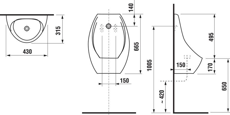 JIKA DOMINO SENSOR pisoár s automatickým splachovačom, napájanie zo siete, zadný prívod vody, Rimless splachovanie, Antibak H8411010004871 Technický nákres