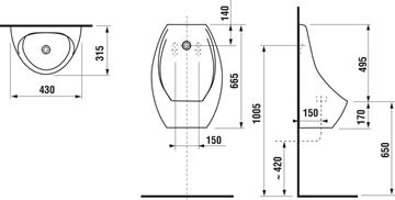 JIKA DOMINO SENSOR pisoár s automatickým splachovačom, napájanie zo siete, zadný prívod vody, Rimless splachovanie, Antibak H8411010004871 Technický nákres