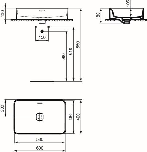 IDEAL STANDARD STRADA II umývadlo na dosku 60 cm, s prepadom T299901 Technický nákres