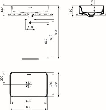 IDEAL STANDARD STRADA II umývadlo na dosku 60 cm, s prepadom T299901 Technický nákres