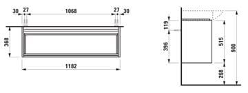 LAUFEN LANI skrinka pod umývadlo 118x37x51, 5 cm, 2 zásuvky, s organizérom, biela mat H4042221122601 Technický nákres