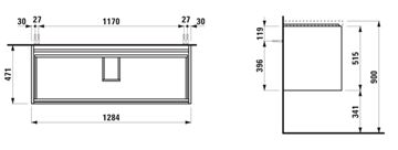LAUFEN LANI skrinka pod umývadlo 128,4x47x51,5 cm, 2 zásuvky, s organizérom, matná biela H4041921122601 Technický nákres