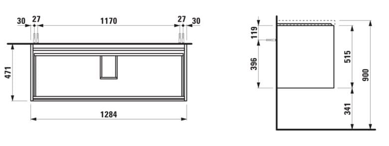 LAUFEN LANI skrinka pod umývadlo 128,4x47x51,5 cm, 2 zásuvky, s organizérom, matná biela H4041921122601 Technický nákres