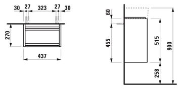 LAUFEN LANI skrinka pod umývadlo 43,7x27x51,5 cm, 1 dvierka, pánty vľavo, matná biela H4039011122601 Technický nákres