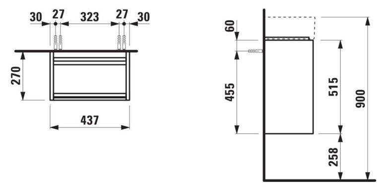 LAUFEN LANI skrinka pod umývadlo 43,7x27x51,5 cm, 1 dvierka, pánty vľavo, matná biela H4039011122601 Technický nákres