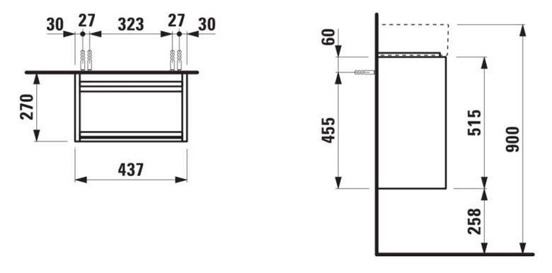 LAUFEN LANI skrinka pod umývadlo 43,7x27x51,5 cm, 1 dvierka, pánty vpravo, matná biela H4039021122601 Technický nákres