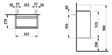 LAUFEN LANI skrinka pod umývadlo 43,7x27x51,5 cm, 1 dvierka, pánty vpravo, matná biela H4039021122601 Technický nákres