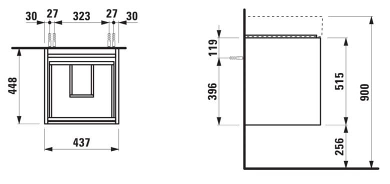 LAUFEN LANI skrinka pod umývadlo 43,7x44,8x51,5 cm, 2 zásuvky, s organizérom, matná biela H4039221122601 Technický nákres